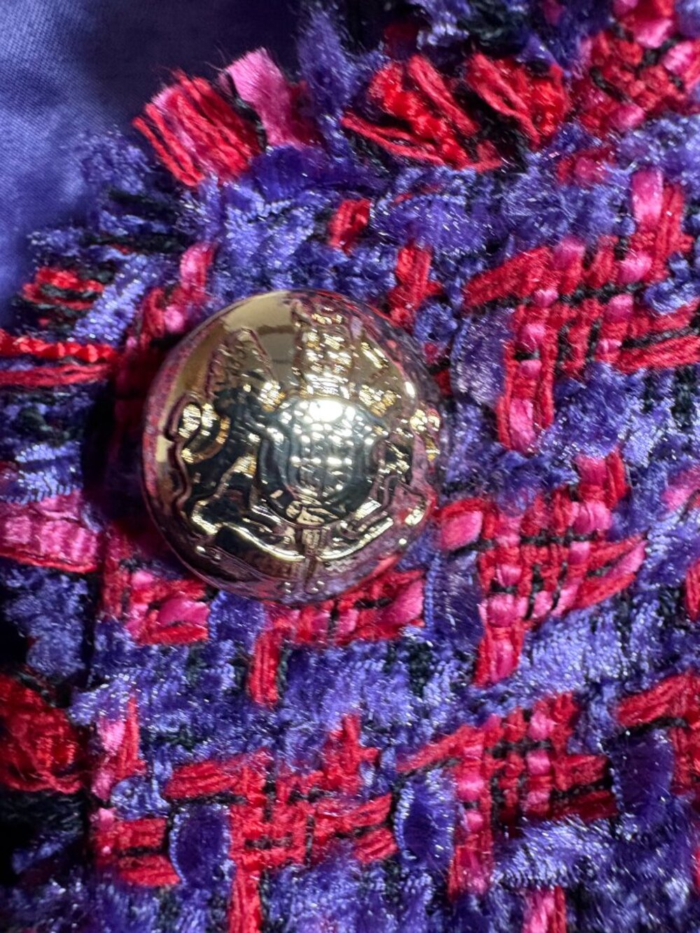Talbots Tweed Fringe Trim Blazer Jacket Size 14 Purple Red Crest Button NWT - Picture 4 of 8